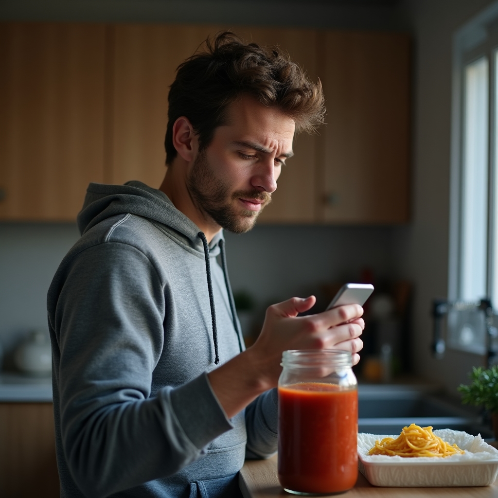 Muž se zmateným výrazem sleduje recept na telefonu v kuchyni
