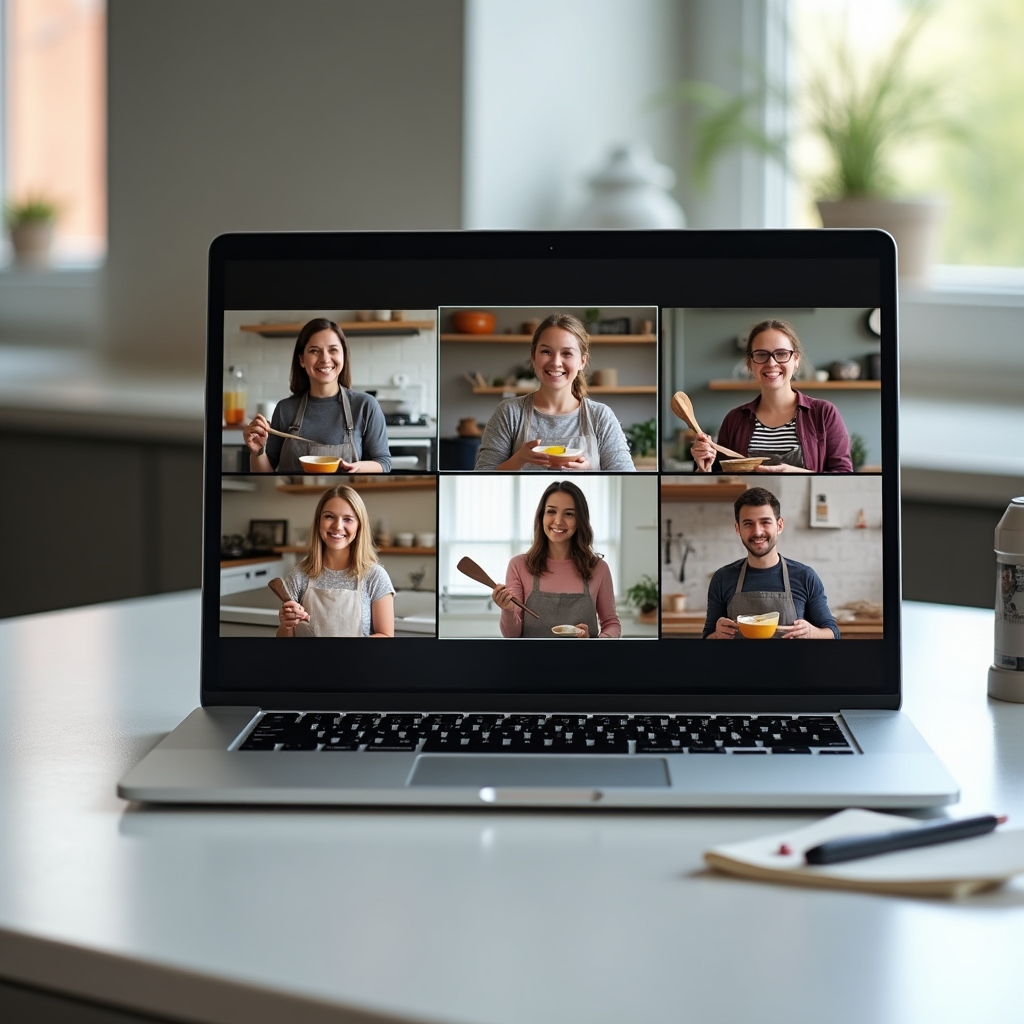 Mřížka video hovoru se skupinou kolegů vařících společně online
